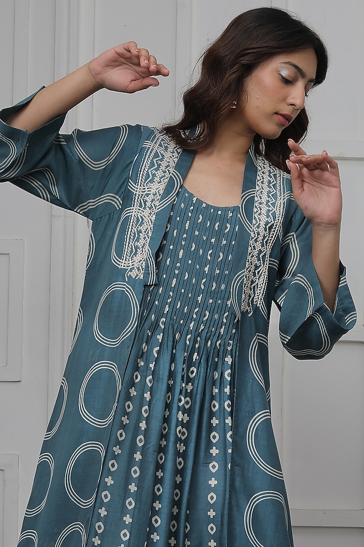 Teal Cotton Silk Printed Jacket Vacation Dress by Myoho at Pernia's Pop Up Shop