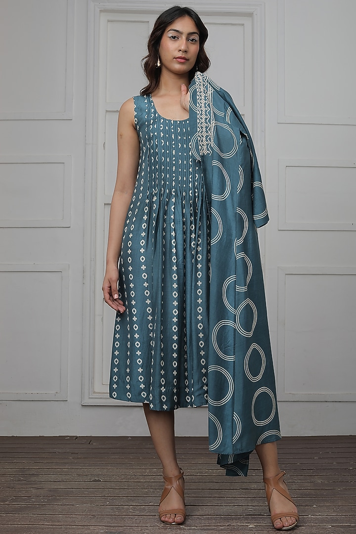 Teal Cotton Silk Printed Jacket Vacation Dress by Myoho at Pernia's Pop Up Shop