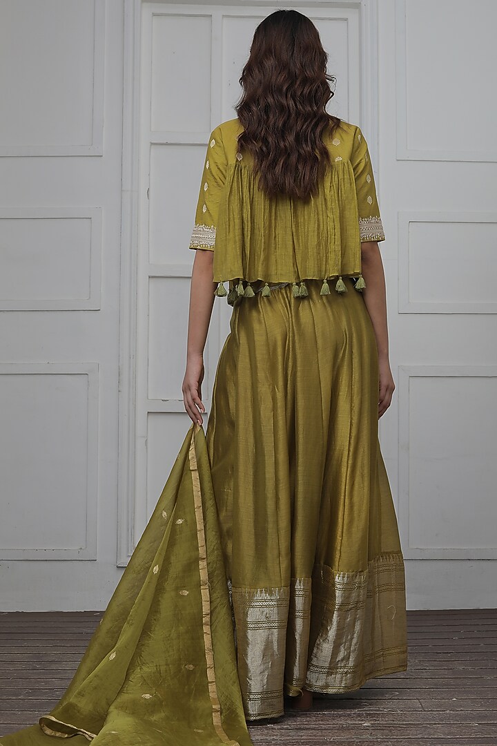 Mehendi Green Banarasi Silk Hand Embroidered Wedding Lehenga Set by Myoho at Pernia's Pop Up Shop