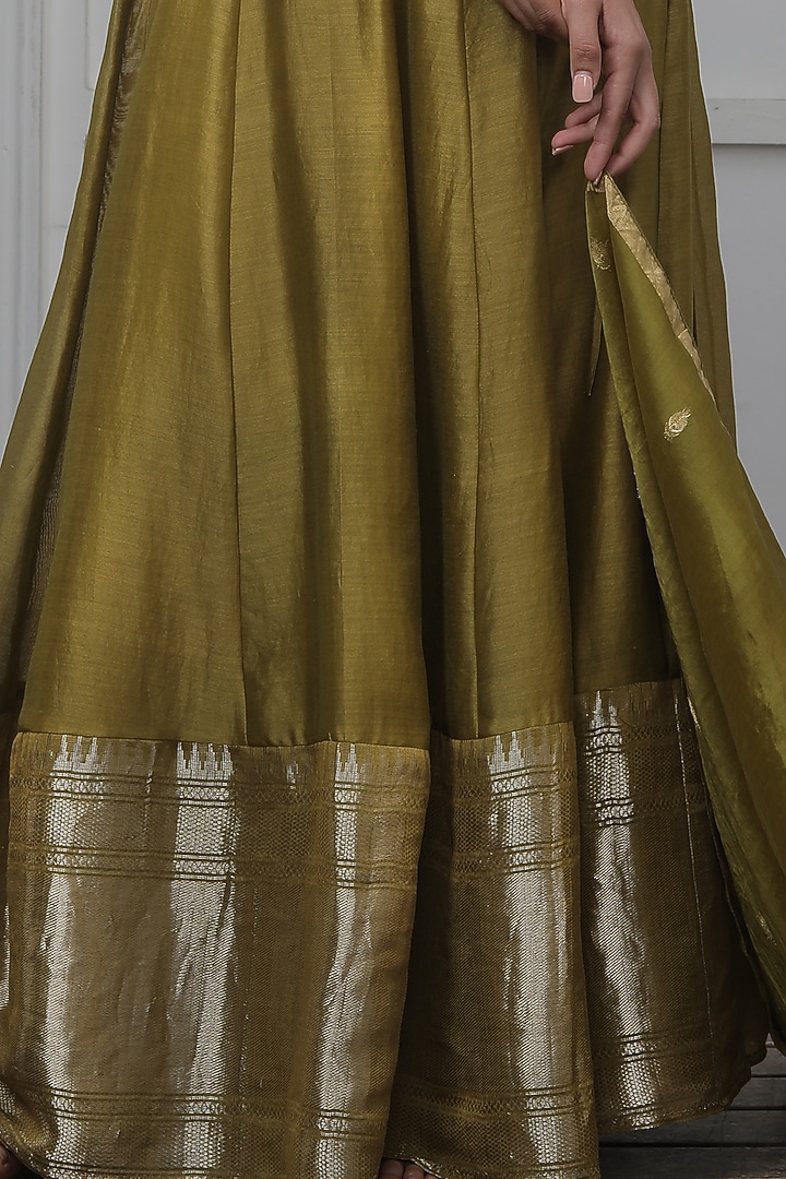 Mehendi Green Banarasi Silk Hand Embroidered Wedding Lehenga Set by Myoho at Pernia's Pop Up Shop