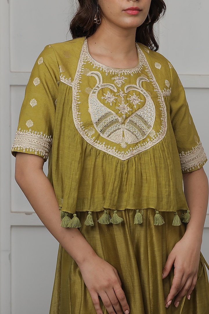 Mehendi Green Banarasi Silk Hand Embroidered Wedding Lehenga Set by Myoho at Pernia's Pop Up Shop