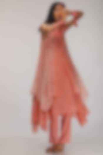 Peach Layered Kurta Dress With Embroidery by Myoho