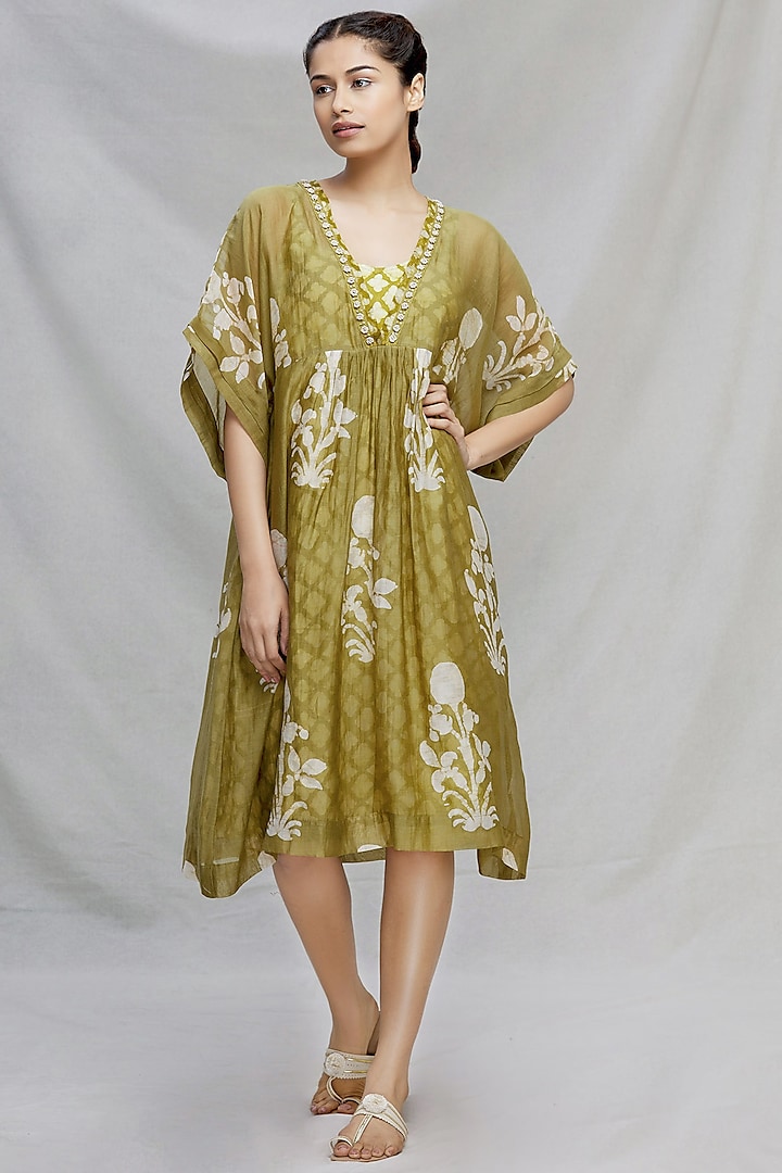 Mehendi Green Embroidered Kaftan With Slip Design by Myoho at Pernia's