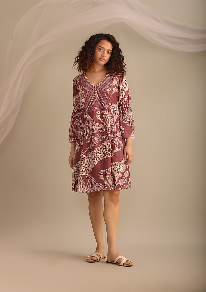 Lavender Cotton Silk Printed & Hand Embroidered Knee-Length Dress by Myoho