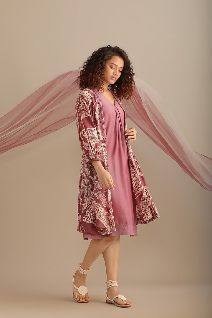 Lavender Cotton Silk Printed Jacket Dress by Myoho