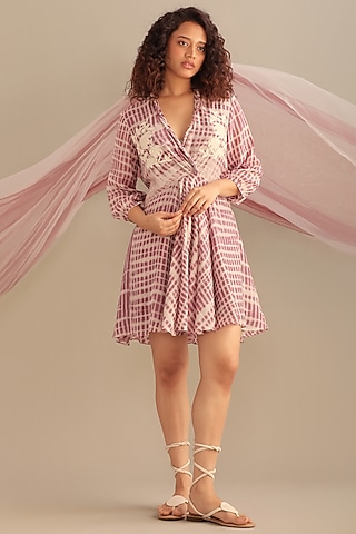 Lavender Cotton Silk Printed & Embroidered Wrap Twist Dress by Myoho