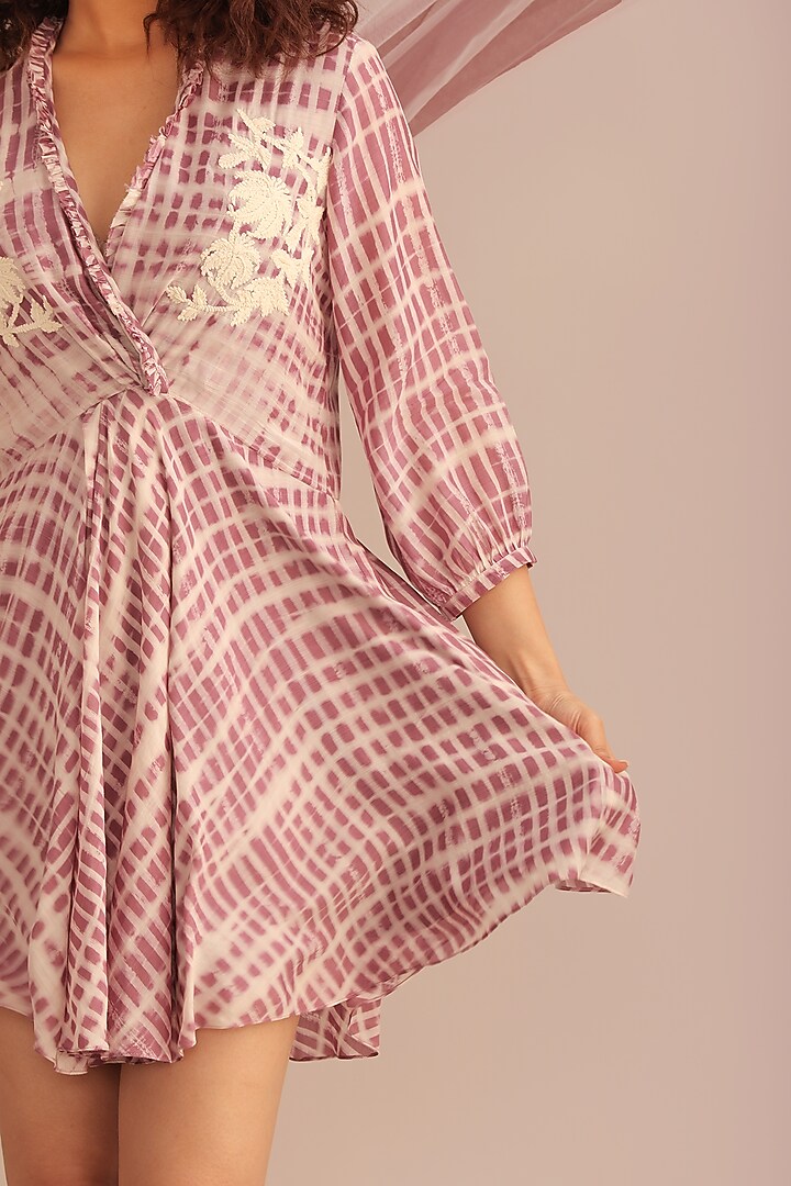 Lavender Cotton Silk Printed & Embroidered Wrap Twist Vacation Dress by Myoho at Pernia's Pop Up Shop