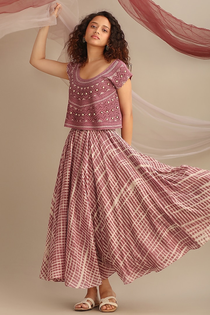Lavender Cotton Silk Printed Skirt Set by Myoho