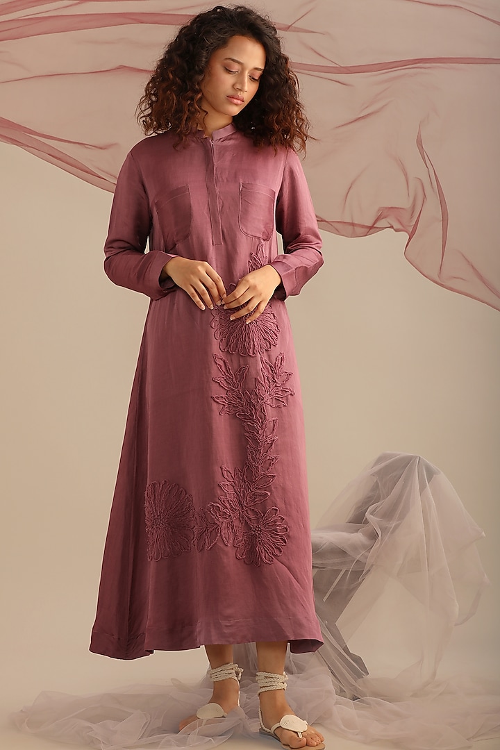 Lavender Linen Satin Hand Embroidered Dress by Myoho