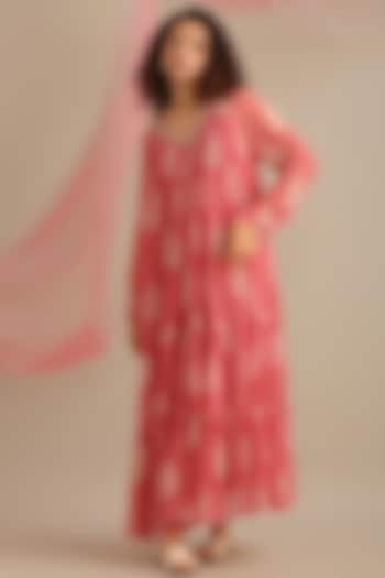 Rose Pink Chiffon Printed & Hand Embroidered Tiered Dress by Myoho