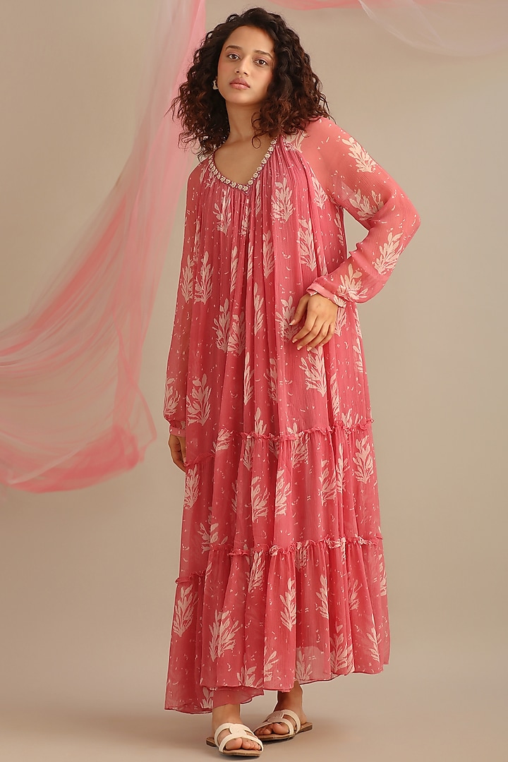 Rose Pink Chiffon Printed & Hand Embroidered Tiered Dress by Myoho