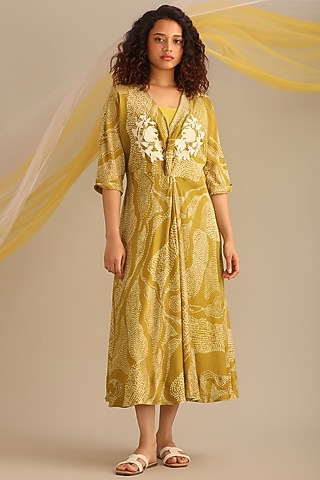 Moss Green Cotton Silk Printed & Embroidered Wrap Dress by Myoho