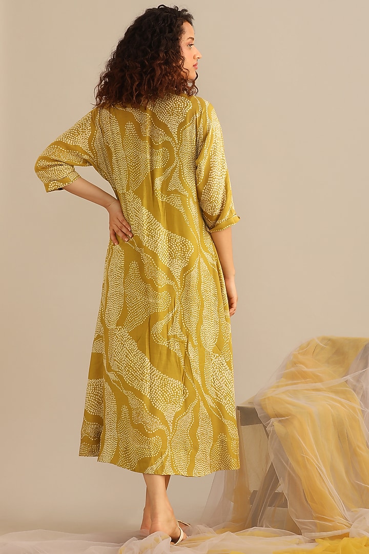 Moss Green Cotton Silk Printed & Embroidered Wrap Summer Dress by Myoho at Pernia's Pop Up Shop