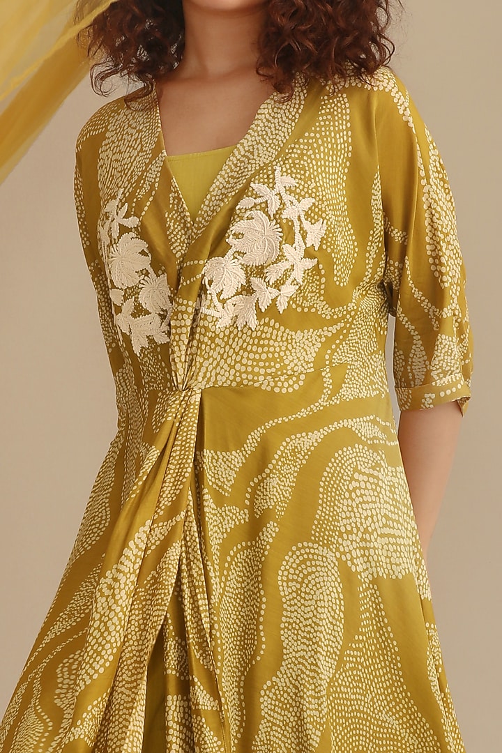 Moss Green Cotton Silk Printed & Embroidered Wrap Summer Dress by Myoho at Pernia's Pop Up Shop