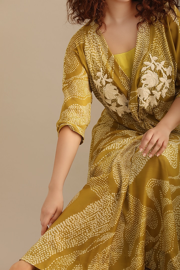 Moss Green Cotton Silk Printed & Embroidered Wrap Summer Dress by Myoho at Pernia's Pop Up Shop