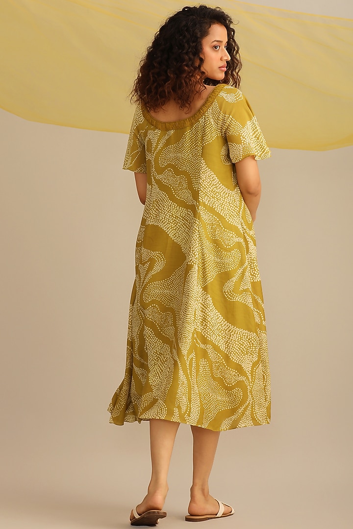 Moss green Cotton Silk Printed & Embroidered Circular Vacation Dress by Myoho at Pernia's Pop Up Shop
