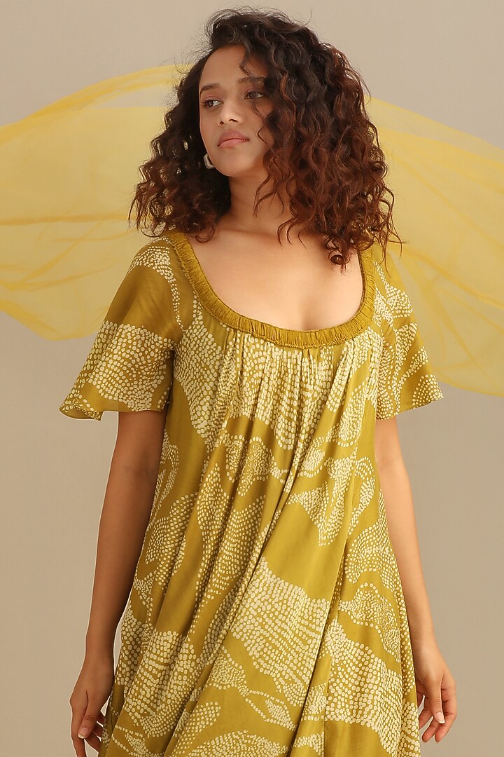 Moss green Cotton Silk Printed & Embroidered Circular Vacation Dress by Myoho at Pernia's Pop Up Shop