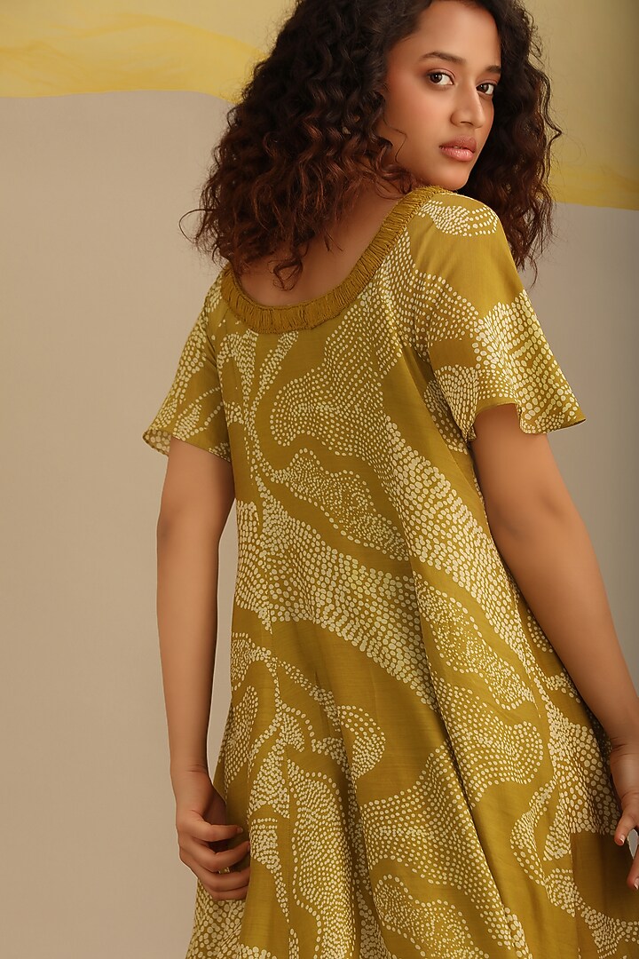 Moss green Cotton Silk Printed & Embroidered Circular Vacation Dress by Myoho at Pernia's Pop Up Shop