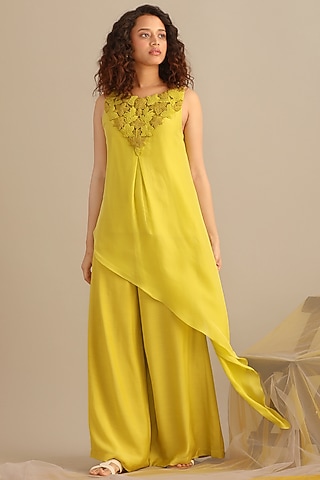 Lime Chiffon Hand Embroidered Kurta Set by Myoho