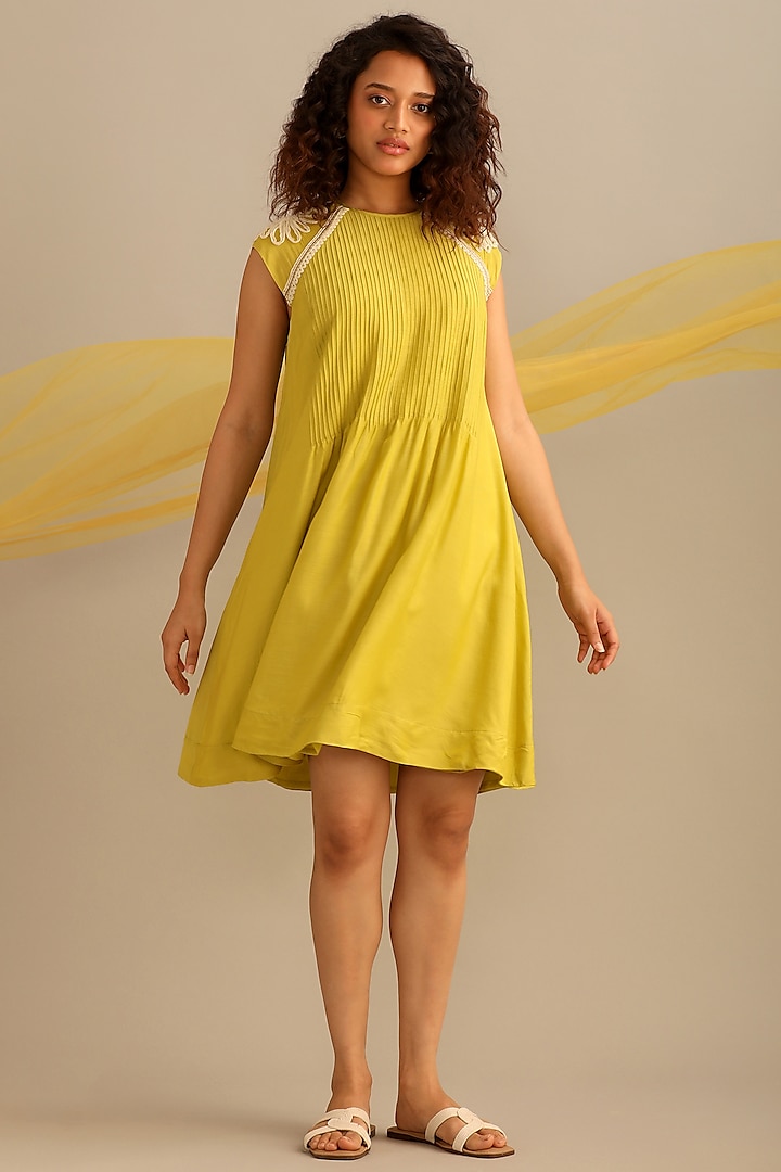 Lime Cotton Silk Hand Embroidered Knee-Length Dress by Myoho