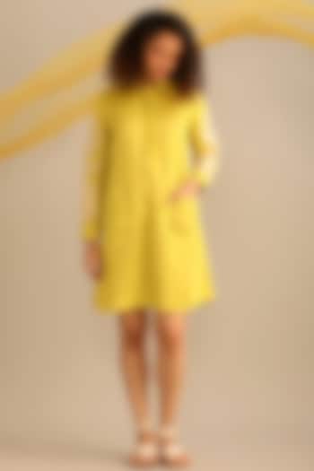 Lime Linen Satin Hand Embroidered Knee-Length Dress by Myoho
