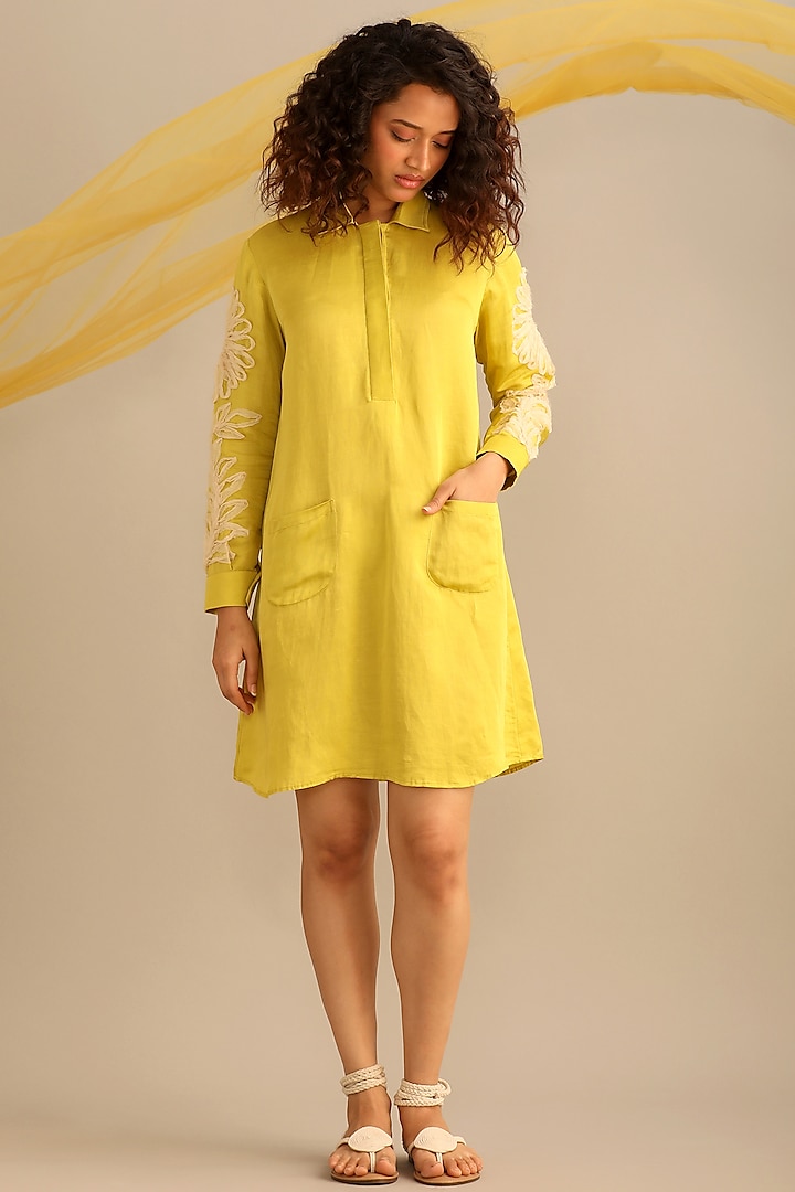 Lime Linen Satin Hand Embroidered Knee-Length Dress by Myoho