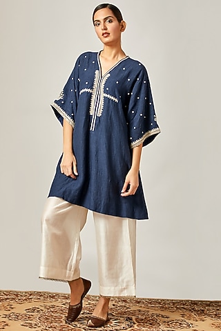 Midnight Blue Embroidered Kaftan Kurta With Off White Flared Pants by Myoho