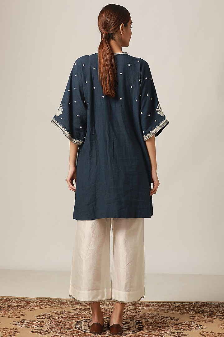 Midnight Blue Embroidered Kaftan Kurta With Off White Flared Pants by Myoho at Pernia's Pop Up Shop