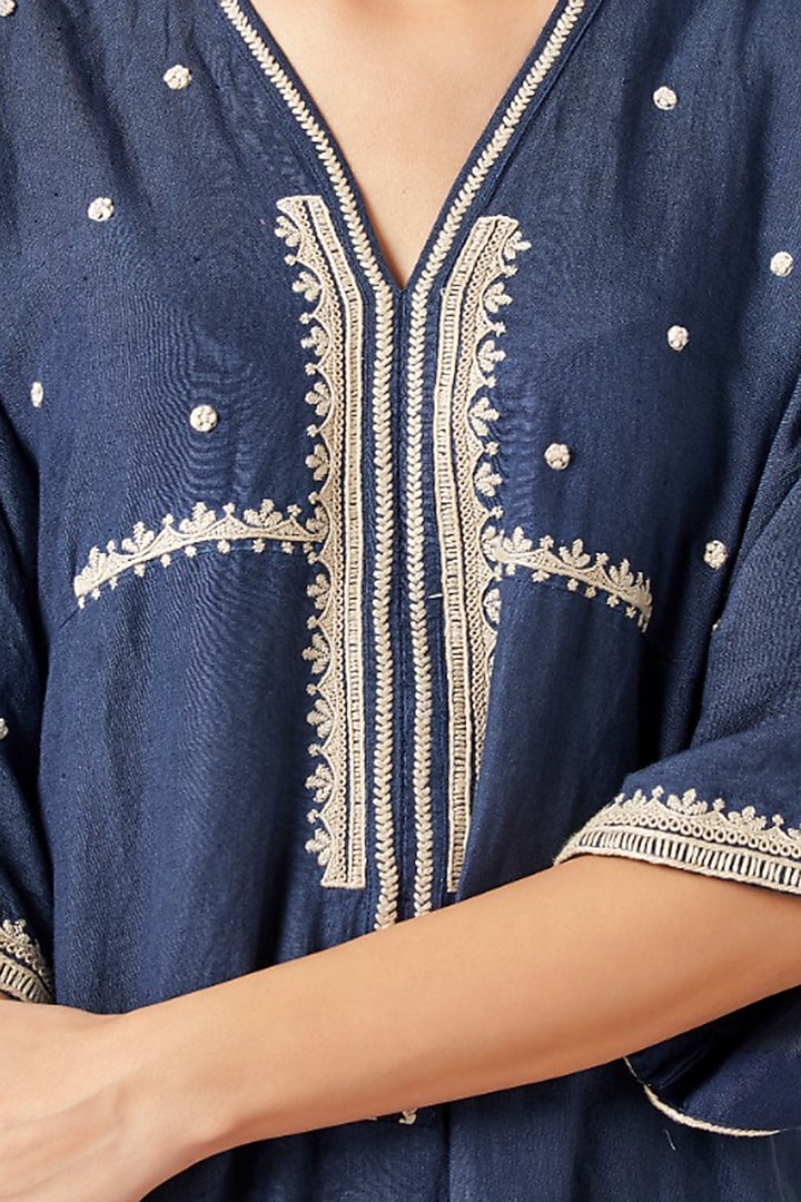 Midnight Blue Embroidered Kaftan Kurta With Off White Flared Pants by Myoho at Pernia's Pop Up Shop