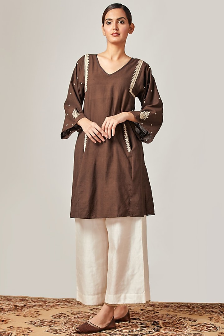 Brown Embroidered Matka Kurta With Off White Flared Pants by Myoho