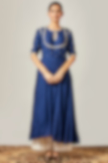 Midnight Blue Embroidered Pleated Kurta With Flared Pants by Myoho