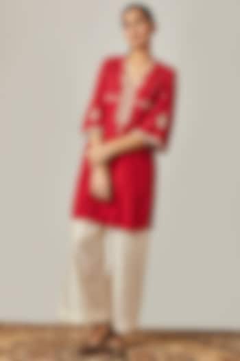 Ruby Red Embroidered Kurta With Off White Flared Pants by Myoho