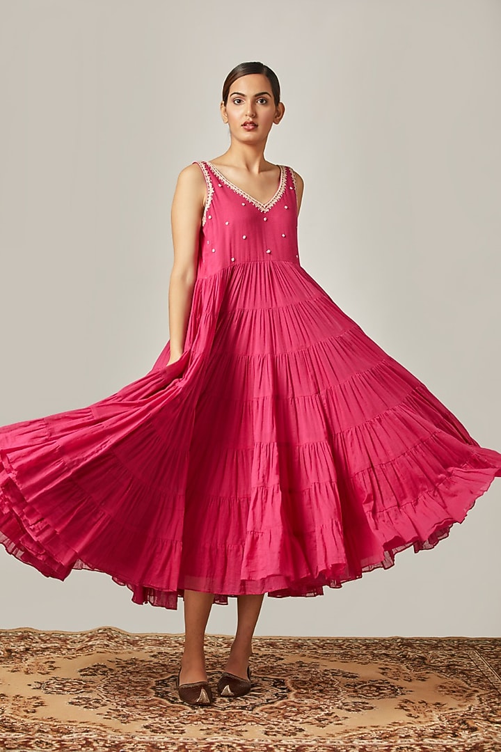 Fuchsia Embroidered Tiered Kurta Dress by Myoho at Pernia's Pop Up Shop