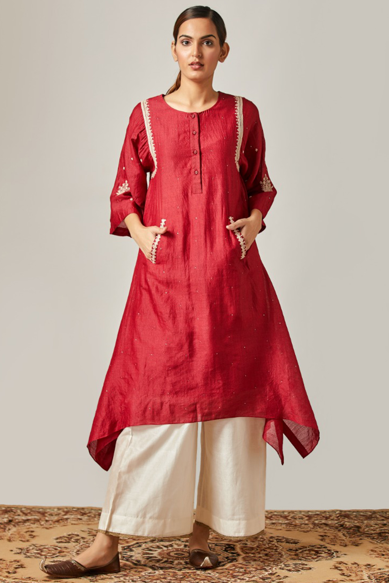 Red Embroidered Kurta With Off White Flared Pants by Myoho at Pernia's Pop Up Shop