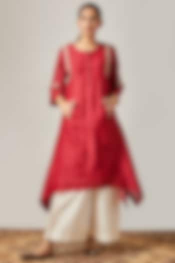 Red Embroidered Kurta With Off White Flared Pants by Myoho