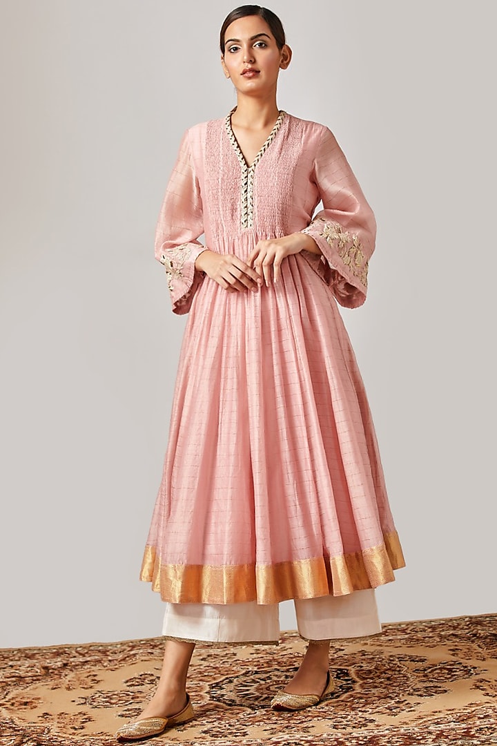 Rose Pink Embroidered Kurta With Off White Flared Pants by Myoho