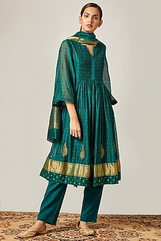 Emerald Green Checkered Embroidered Kurta Set by Myoho