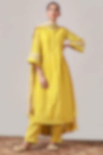 Lime Yellow Pintucked & Embroidered Kurta Set by Myoho