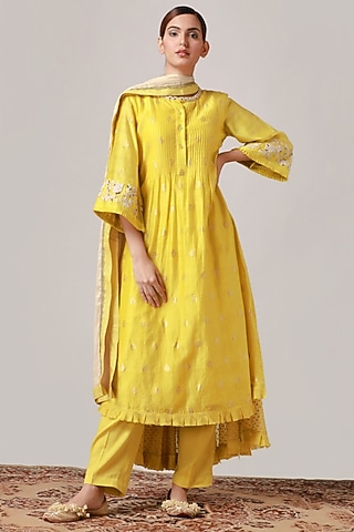 Lime Yellow Pintucked & Embroidered Kurta Set by Myoho