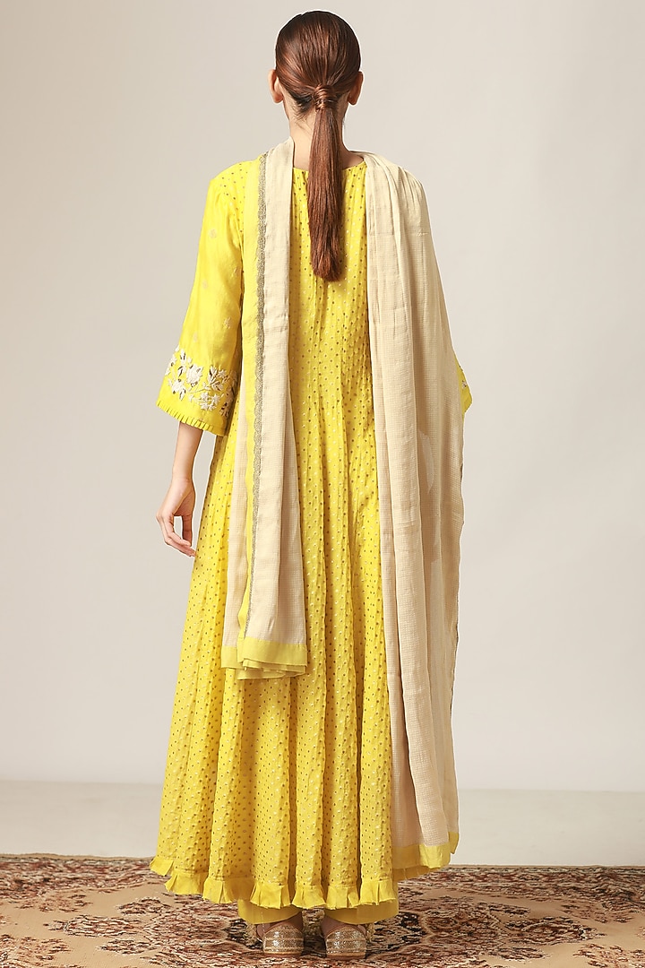 Lime Yellow Pintucked & Embroidered Kurta Set by Myoho at Pernia's Pop Up Shop