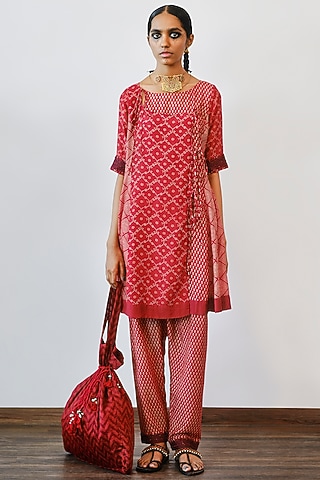 Terracotta Hand Embroidered Angrakha Kurta Set by Myoho