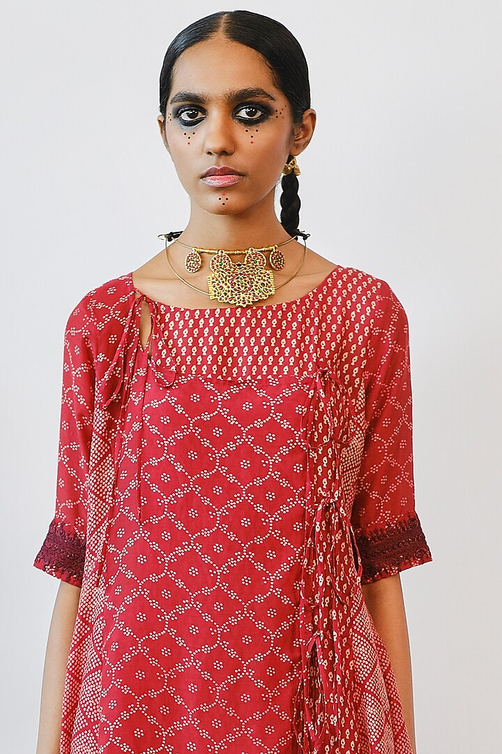Terracotta Hand Embroidered Angrakha Kurta Set by Myoho at Pernia's Pop Up Shop
