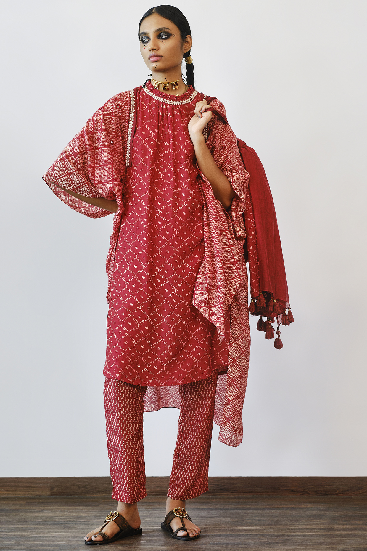 Terracotta Hand Embroidered Kurta With Cape by Myoho at Pernia's Pop Up Shop