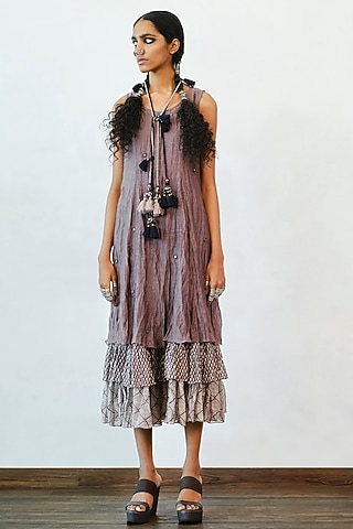 Dull Grape Hand Embroidered Tiered Dress by Myoho