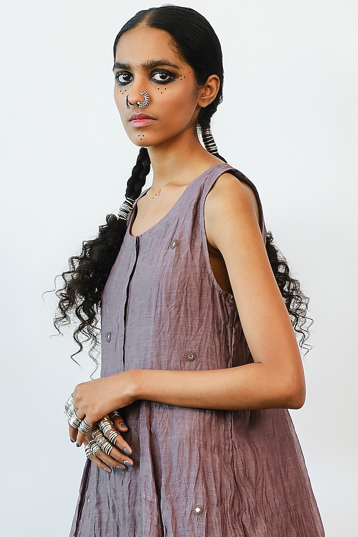 Dull Grape Hand Embroidered Tiered Vacation Dress by Myoho at Pernia's Pop Up Shop