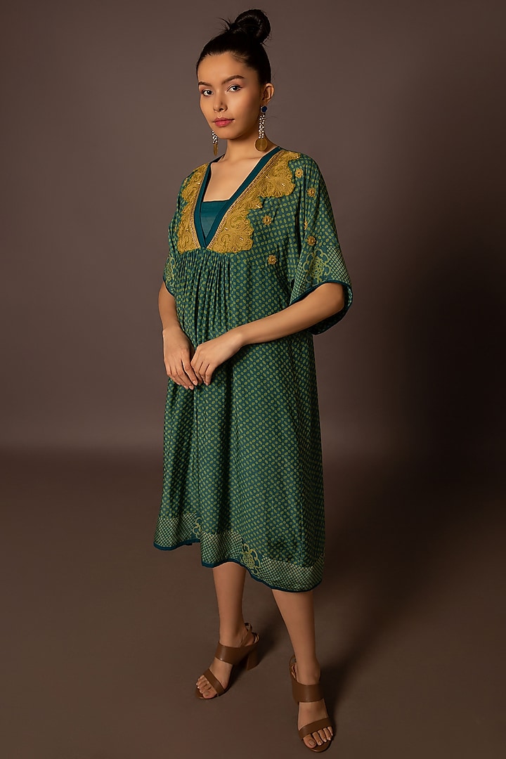 Teal Cotton Silk Printed & Hand Embroidered Kaftan Dress by Myoho