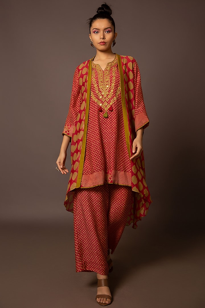 Red Cotton Silk & Chanderi Printed Kurta Set by Myoho at Pernia's Pop Up Shop