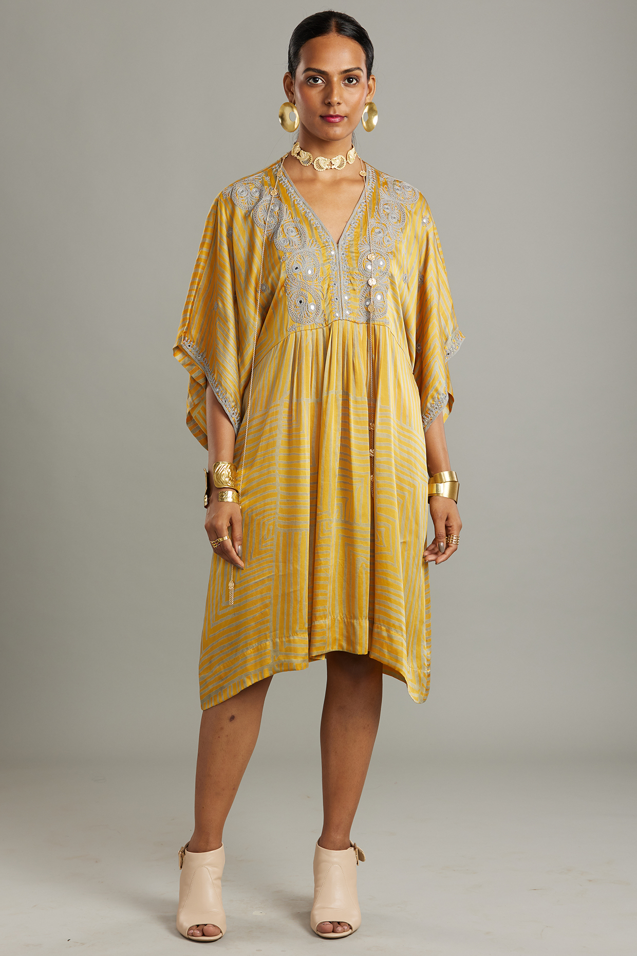 Mustard & Grey Embroidered Pleated Kaftan by Myoho at Pernia's Pop Up Shop