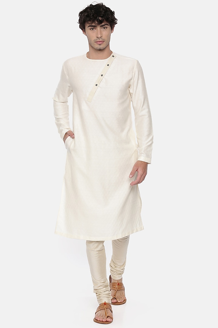 White Jaquard Kurta Set by Mayank Modi