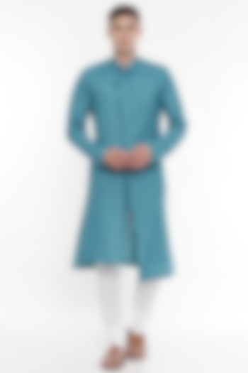 Turquoise Checkered Kurta Set by Mayank Modi